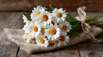 Rustic bouquet of daisies on burlap cloth for floral decoration concepts