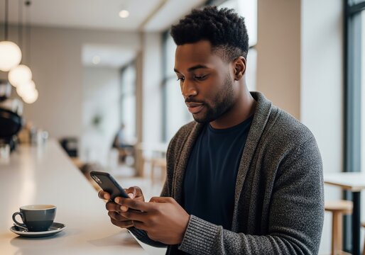 Young Black Man Using Smartphone at a Cafe