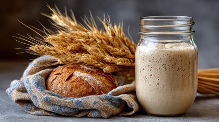 Jar of sourdough starter and fresh loaf with wheat stalks on rustic cloth background