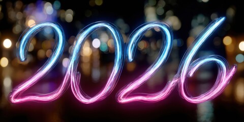 Neon 2026 lights against blurred cityscape at night