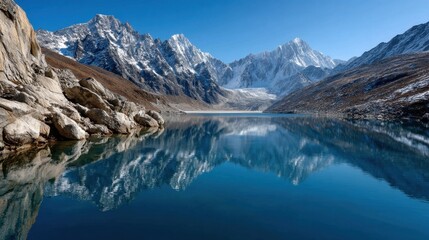 Pristine mountain lake with snowy peaks and clear blue sky reflection