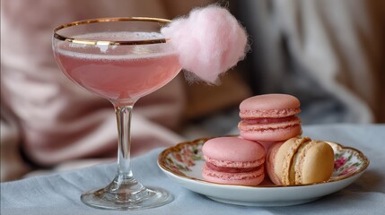 Elegant pink cocktail with cotton candy garnish and macarons on porcelain plate
