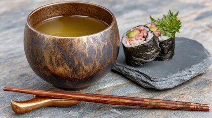 Japanese tea and sushi with chopsticks on slate plate