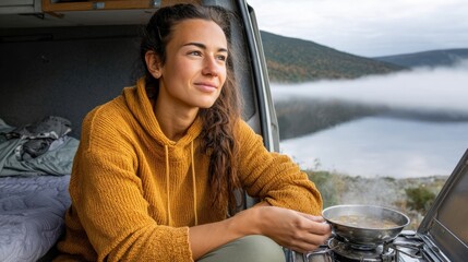 Young caucasian female enjoying outdoor cooking in camper van overlooking misty lake