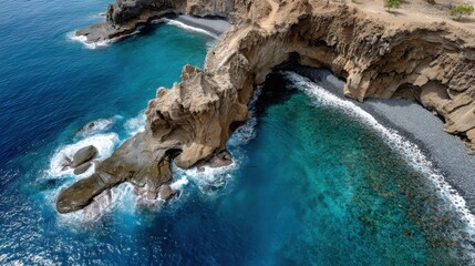 Aerial view of dramatic coastal cliffs and turquoise ocean waters