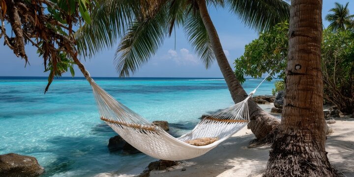 Tranquil beach scene: hammock, palm trees, and crystal clear water under a blue sky - Powered by Adobe