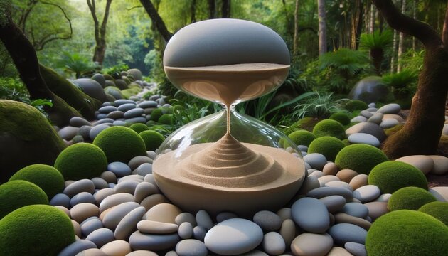 A garden of hourglass shaped stones their sands flowing in spira