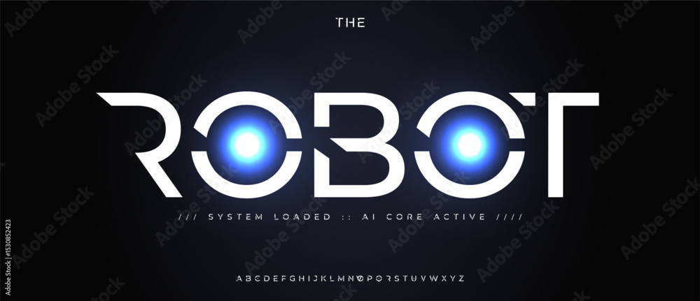 Poster robotic geometric futurist alphabet, cyber futuristic font, synthetic automation tech typeset for ai