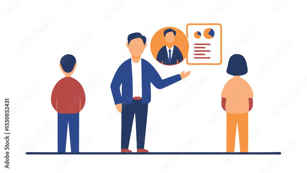 Aufkleber presentation scene showing a man presenting to two people with a chart and a headshot of a man