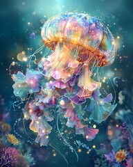 Colorful jellyfish floating in a vibrant ocean.