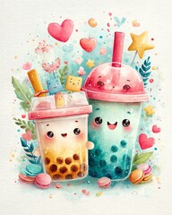 Cute bubble tea cups with cheerful faces.