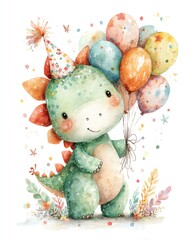 Cute dinosaur with colorful balloons at a party.