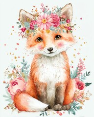 Cute fox with flower crown in watercolor style.