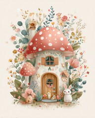 Whimsical mushroom house in a vibrant garden.