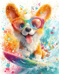 Playful corgi surfing with colorful splashes.