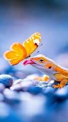 Fototapeta premium Lizard catching butterfly on rocks, nature background