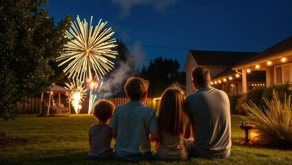Family watching fireworks in backyard at night under string lights