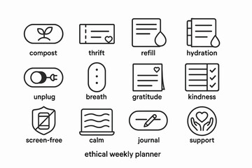 Ethical weekly planner icons: compost, thrift, refill, hydration, unplug, breath, gratitude, kindness