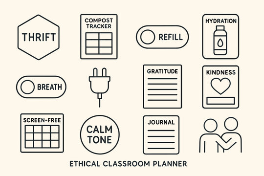 Ethical classroom planner icons: thrift, kindness, hydration, calm tone, journal
