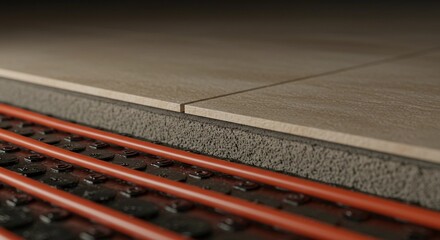 Underfloor heating system installation beneath tiled floor. Domestic heat floor for home comfort