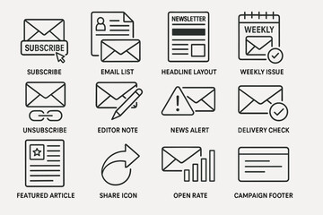 Email marketing icons: subscribe, newsletter, alerts, and more
