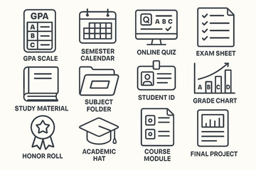 Educational icons: gpa scale, calendar, quiz, exam, study material, grade chart, honor roll