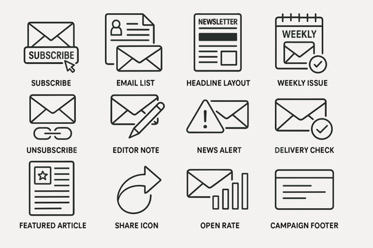 Email marketing icons: subscribe, newsletter, alerts, and more