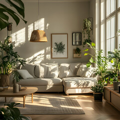 Sunlit cozy living room with beige sofa, abundant green plants, wooden furniture, and botanical artwork creating a warm, natural atmosphere.