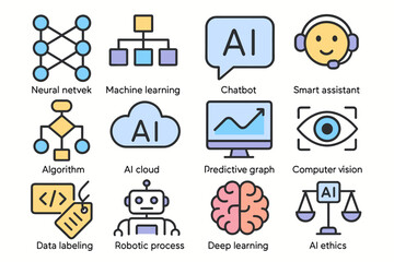 Artificial intelligence icons: neural network, ai ethics, and machine learning elements