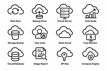 Cloud computing icons for data sync, backup, virtual server, and more