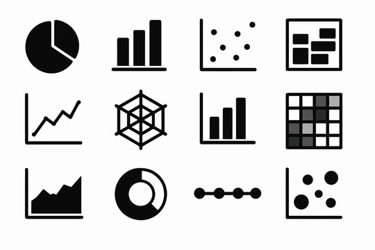 Set of various black data visualization icons including pie, bar, line charts and scatter plots