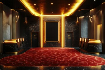 Luxury velvet-roped cinema lobby with crimson wave-pattern carpet, backlit golden ticket counters, and blank holographic movie poster frames glowing on black marble walls for premium theater branding