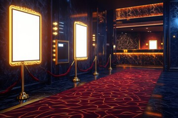 Luxury velvet-roped cinema lobby with crimson wave-pattern carpet, backlit golden ticket counters, and blank holographic movie poster frames glowing on black marble walls for premium theater branding