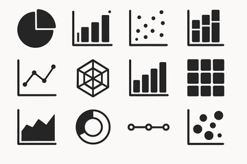 Collection of business and analytics graph icons in black and white