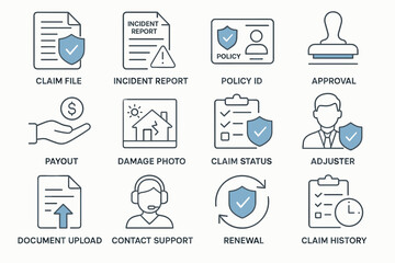 Insurance claim process icons: file, report, policy, approval, payout, damage, status, adjuster, document, support, renewal, history