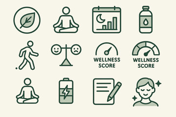 Wellness icons: balance, meditation, fitness, and health metrics