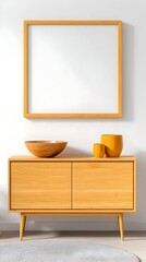 Light wood sideboard, blank frame, decor, sunlit room, mockup