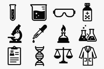 Fototapeta premium Science lab equipment icons featuring test tubes, microscope, dna, and protective gear