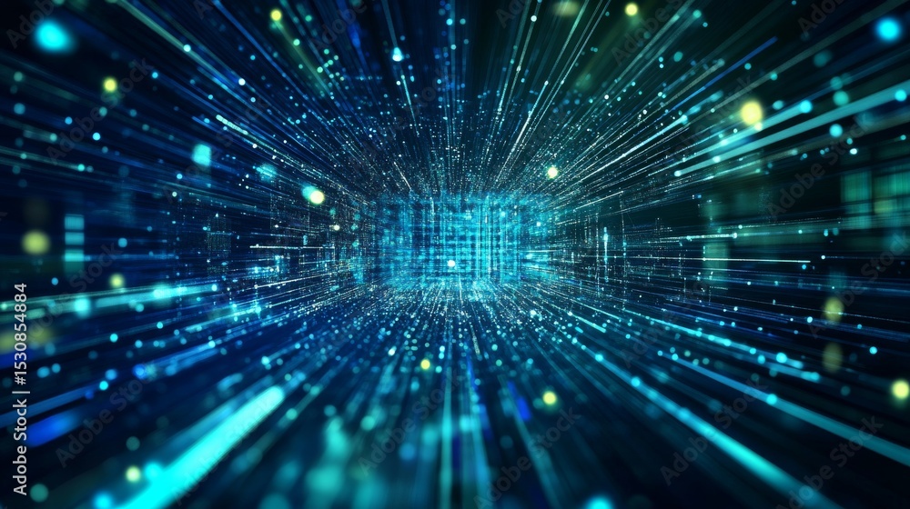 Poster futuristic digital technology background with glowing blue and green circuit lines, abstract data fl