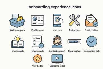 Onboarding experience icons: welcome pack, profile setup, intro tour, tool access, email confirmation