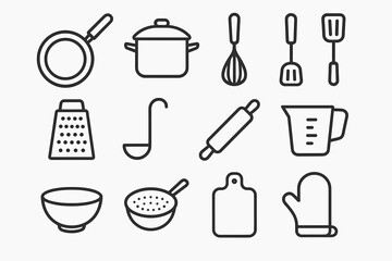 Set of essential kitchen utensil icons for cooking and baking