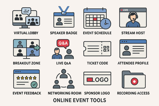 Online event tools icons for virtual conferences and webinars