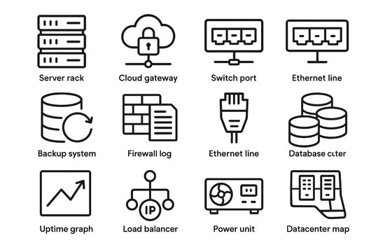Network and data center icons: server, cloud, firewall, ethernet, database