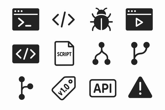 Coding and development icons: bug, api, script, version, code, branching