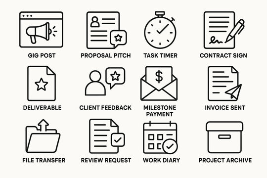 Business icons: gig post, proposal, timer, contract, deliverable, feedback, payment, invoice, file transfer