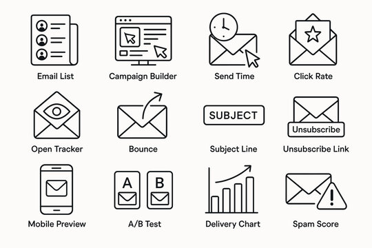 Email marketing icons: campaign, delivery, tracking, mobile, unsubscribe