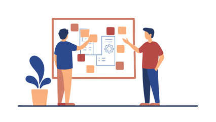 Two people collaborate on a project board with sticky notes and diagrams in a bright office space