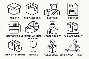 Shipping icons: packing, labeling, customs, delivery, tracking, and more