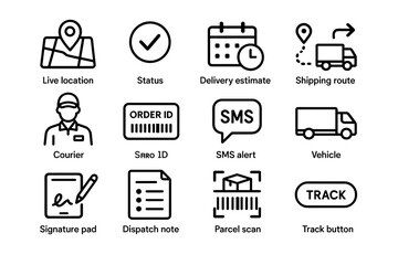 Delivery icons: live location, status, shipping, courier, tracking features