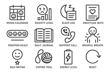Mental wellness icons: mood calendar, anxiety, sleep, gratitude, and more
